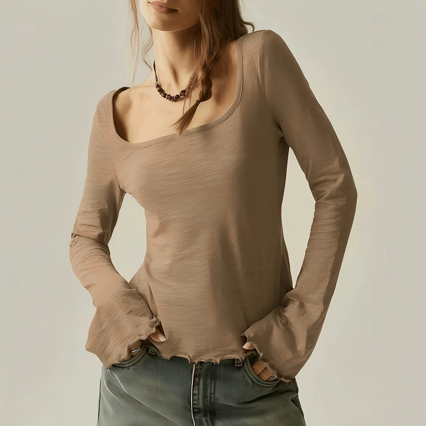 Wide-neck Long-sleeve Top Basic T-shirt
