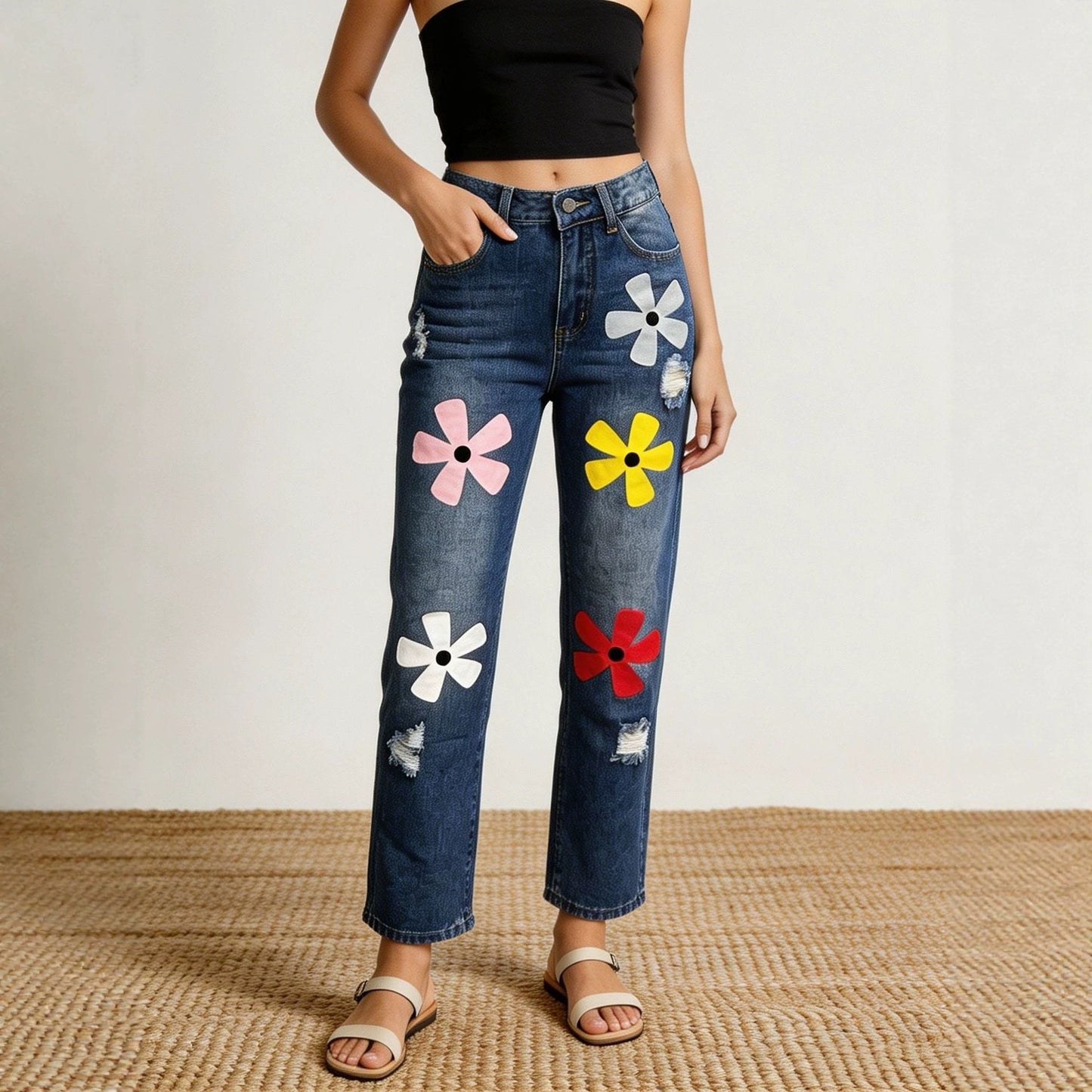 Fashionable And Versatile Womens Denim Jeans With A Dopamine Print