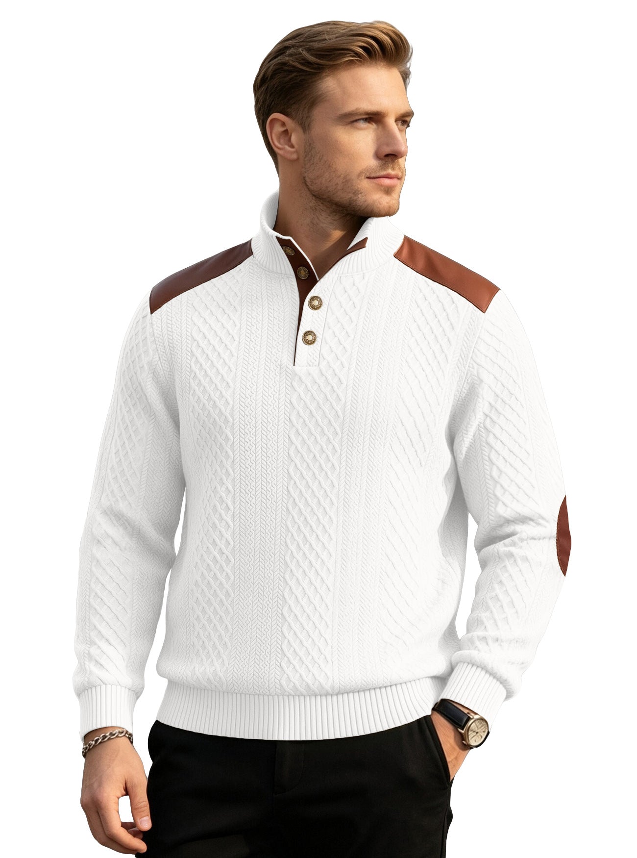 Cross-border Men's American Textured Jacquard Collared Knit Sweater With Shoulder Patchwork Loose Long-sleeve Pullover Sweatshirt