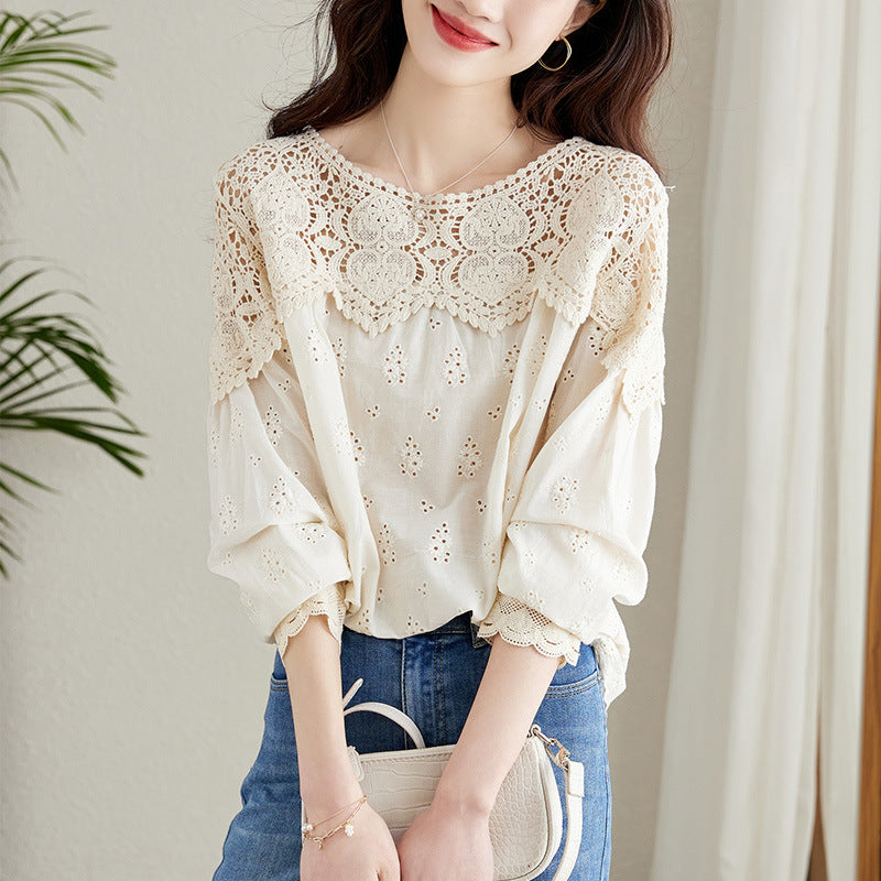 Apricot Lace Hollow-Out Blouse Womens Top