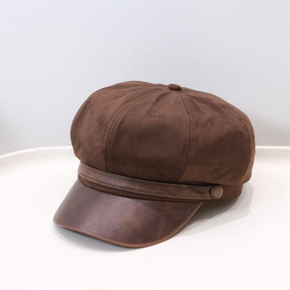 Winter Spring Vintage Ruffled Octagonal Newsboy Hat With Leather Buckle, Soft Top And Curved Brim, Fashionable British Style Beret