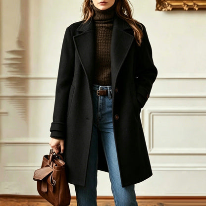 Elegant Midi-length Single-breasted Solid-color Wool Coat With A Lapel