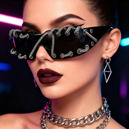 Sunglasses With Metal Ring Rivets Retro-futuristic Party Shades