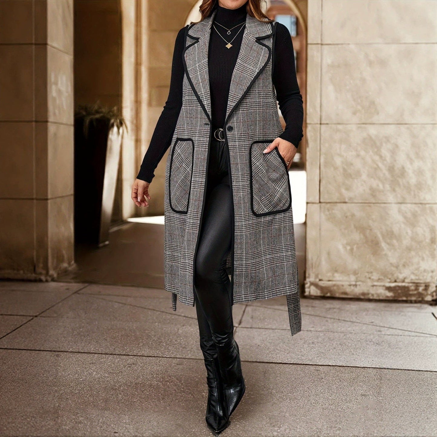 Womens Elegant Long Houndstooth Vest