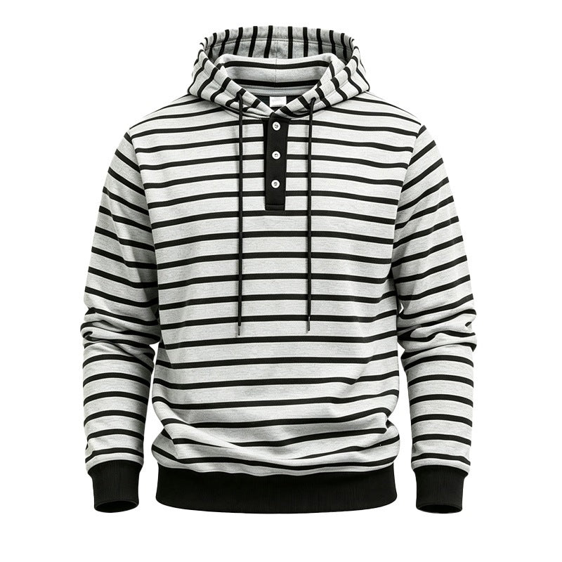 Mens Loose-Fit Striped Hoodie With Three Buttons
