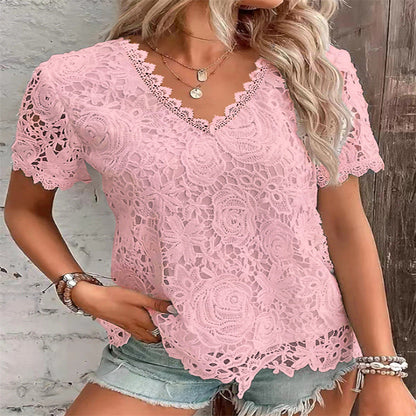 Women's Fashion Top T-shirt Lace Short Sleeve Women