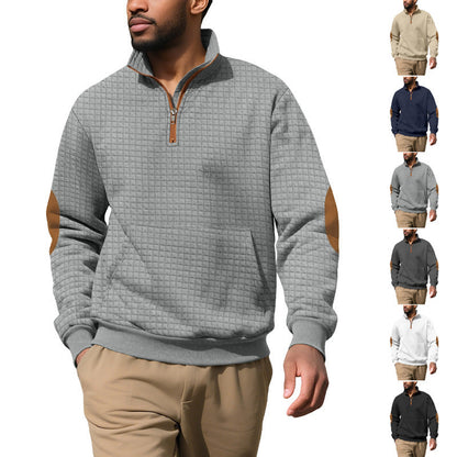 Cross-border Amazon Men's Autumn & Winter Half-Zip Suede Jacquard Small Check Long-Sleeve Stand Collar Casual Sweatshirt