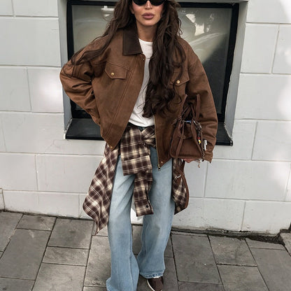 Stylish Lapel-collar Loose-fitting Womens Coat