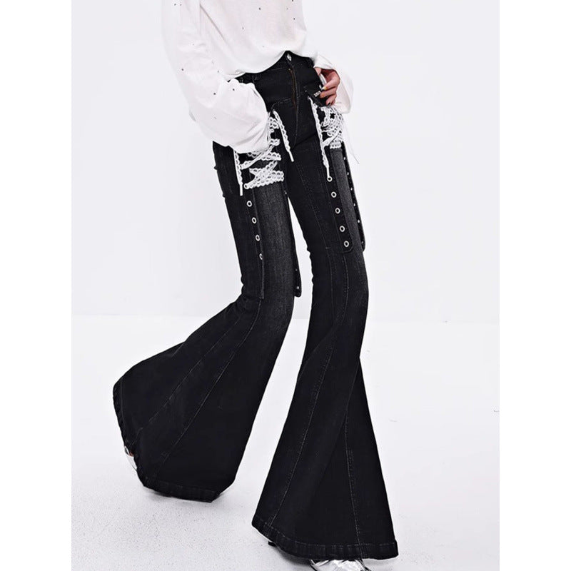 Lace-Strap Bootcut Denim Jeans For Women