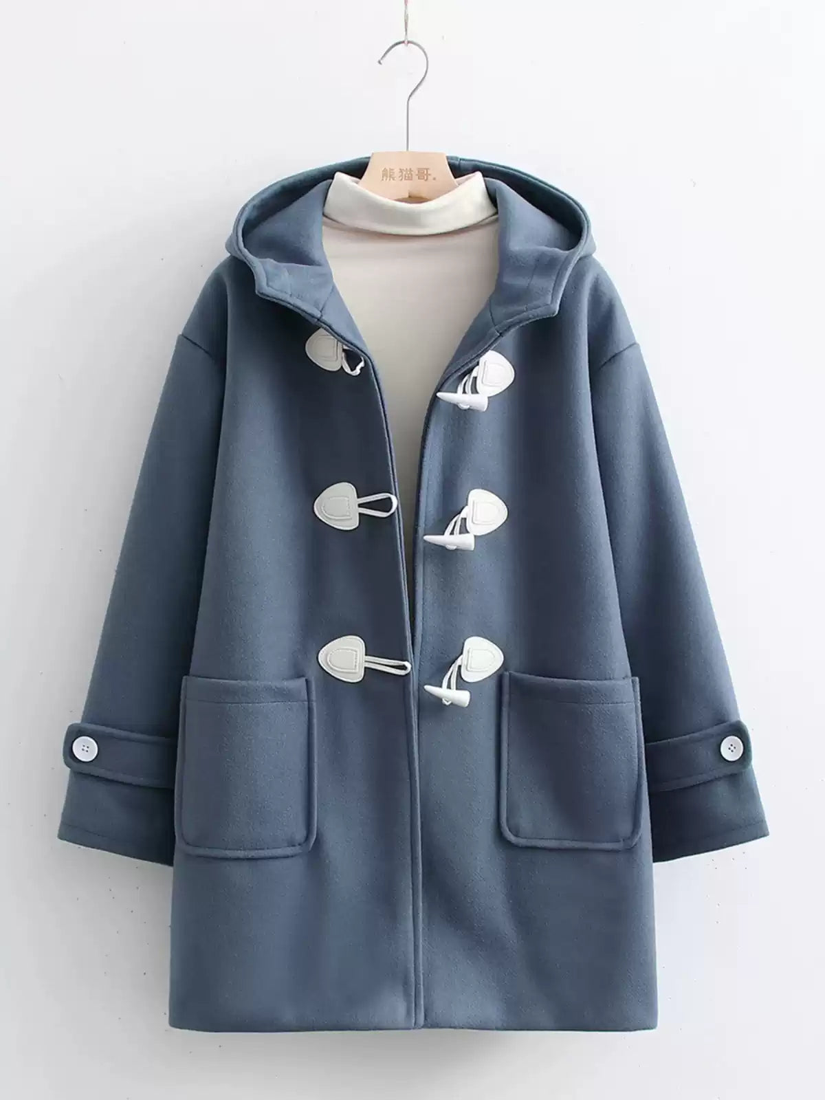 Solid-color Horn-button Womens Hooded Cardigan Wool Coat