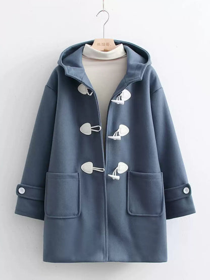 Solid-color Horn-button Womens Hooded Cardigan Wool Coat