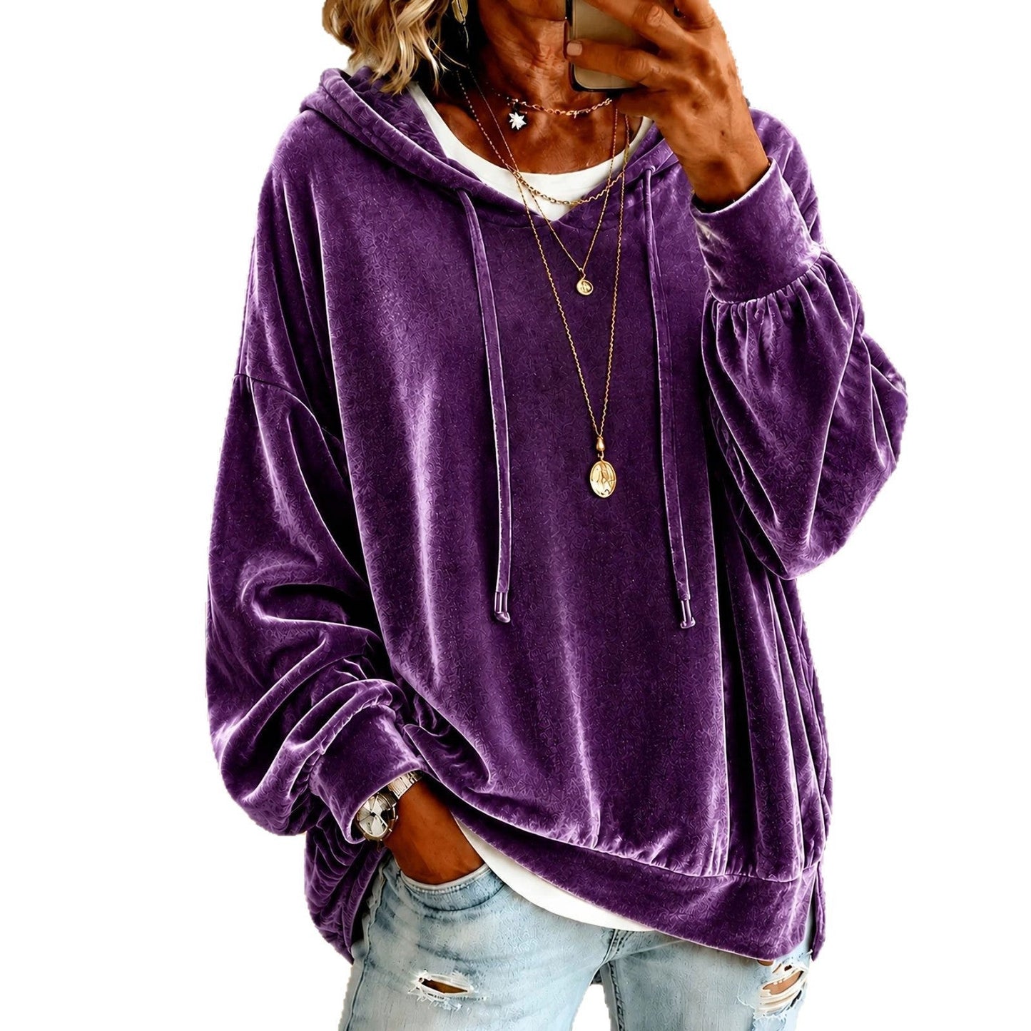 Women Casual Velvet Hooded Sweatshirt Long Sleeve Drawstring Loose Pullover Hoodie With Side Pockets Fall Winter Tops
