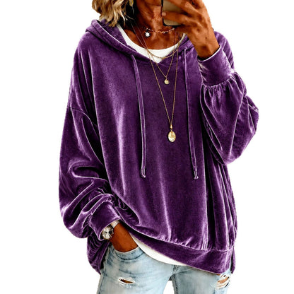 Women Casual Velvet Hooded Sweatshirt Long Sleeve Drawstring Loose Pullover Hoodie With Side Pockets Fall Winter Tops