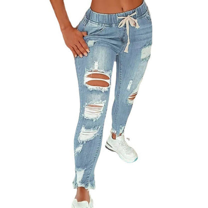 Womens Distressed Ripped Long Denim Pants High Rise Elastic Waist Drawstring Jeans