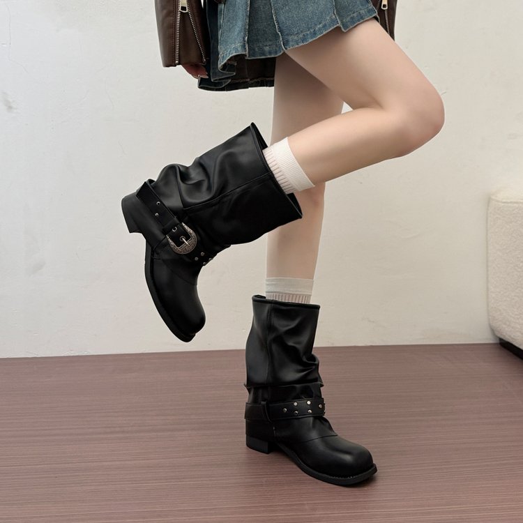 Women's Genuine Leather Ruched Western Cowboy Martin Boots, 2026 Autumn New Arrival, Versatile Platform Chunky Heel Pants Shaft Ankle Boots