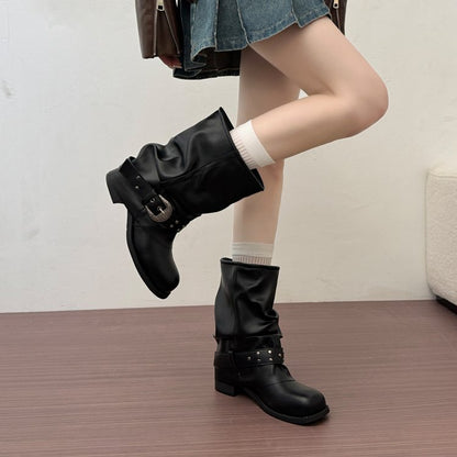 Women's Genuine Leather Ruched Western Cowboy Martin Boots, 2026 Autumn New Arrival, Versatile Platform Chunky Heel Pants Shaft Ankle Boots