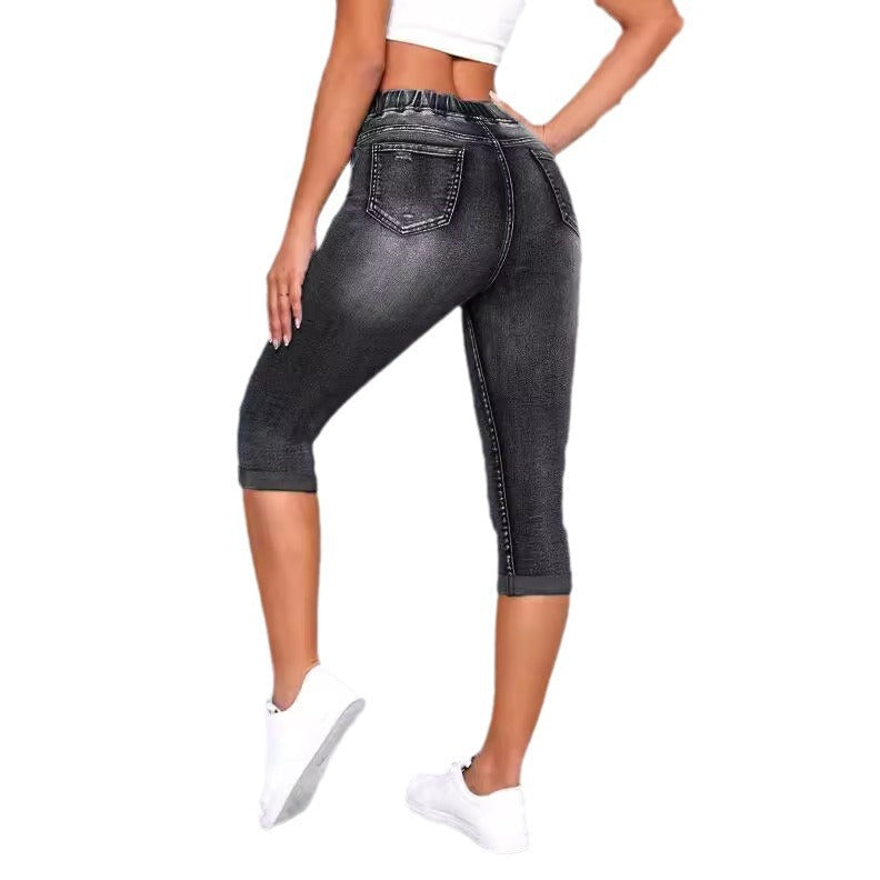 Cross-border European And American Hot Selling Women's Jeans Women's High Elastic Elastic Waist Drawstring High Waist Sexy Ripped Jeans