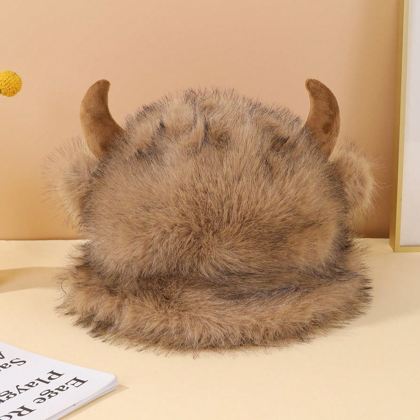 Halloween Cute Cowhorn-shaped Small-ear Plush Fisherman Hat With Stars - Versatile And Thick Outdoor Warm Fleece Hat