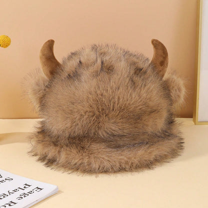 Halloween Cute Cowhorn-shaped Small-ear Plush Fisherman Hat With Stars - Versatile And Thick Outdoor Warm Fleece Hat