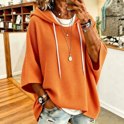 Women Casual Waffle Knit Hooded Tops Drawstring 3 4 Batwing Sleeve Loose Fit Solid Color Pullover Sweatshirt