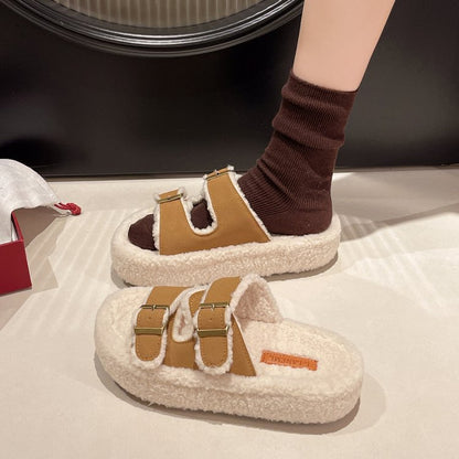 New Plus Size Platform Furry Slippers For Export, Single Strap With Buckle, Fleece Lined Thick Plush Warm Slides For Indoor & Outdoor Use