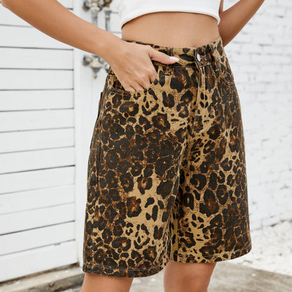 Summer New Washed Casual Retro Leopard-Print Slimming Denim Shorts