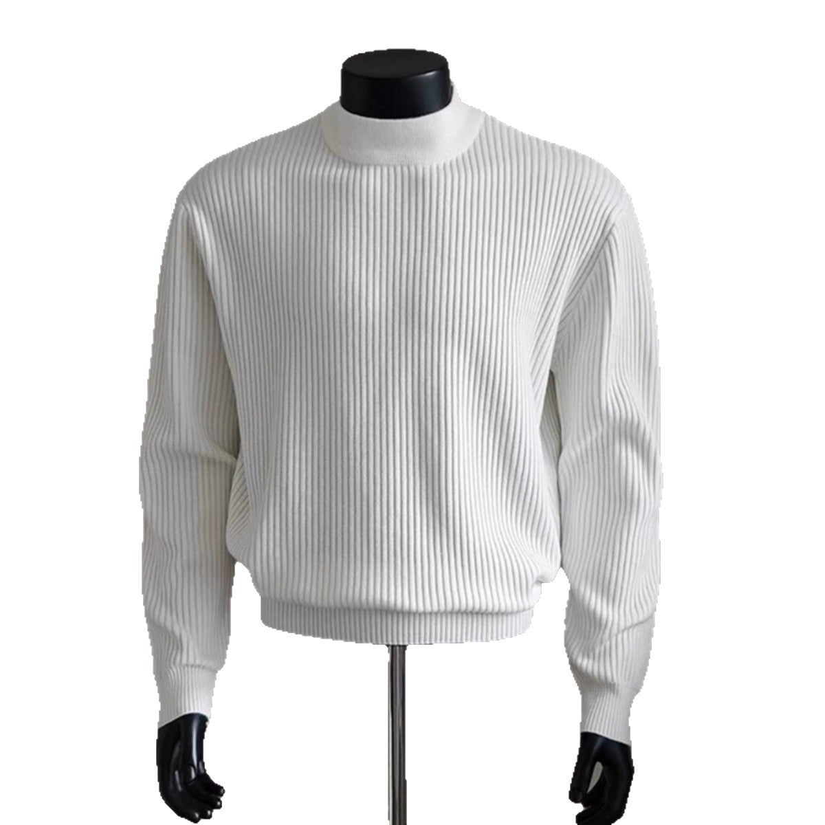 Mens White Ribbed Turtleneck Sweater Knitted Top