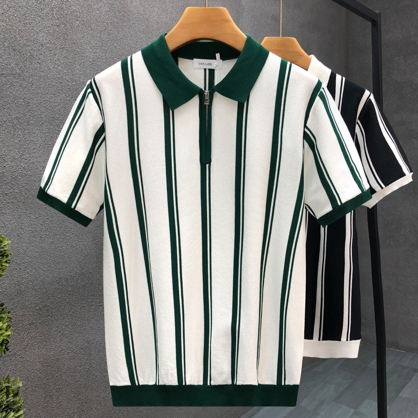 Mens Half-Zip Short-Sleeve Striped Polo Shirt