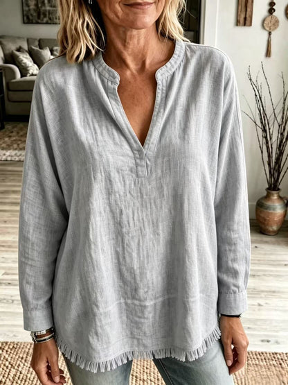 Women Solid Shirt Notch Collar V Neck Long Sleeve Tassel Fringe Hem Loose Casual Blouse Tops Spring Summer