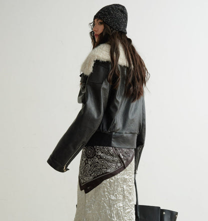 Color-blocked Relaxed-fit PU Faux Leather Black Turtleneck Jacket