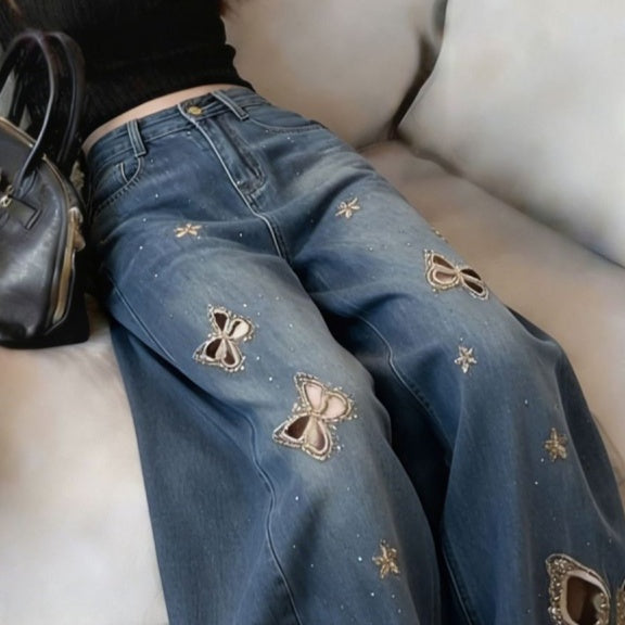 Butterfly Rhinestone Trimmed Narrow Legged High Waisted Slimming Versatile Straight Leg Pants