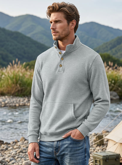 Men's Autumn & Winter Waffle Solid Color Half-Zip Stand Collar Pullover, Foreign Trade Long Sleeve Casual Sweatshirt