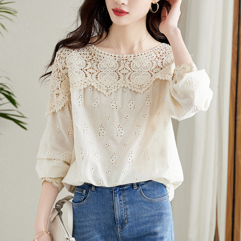 Apricot Lace Hollow-Out Blouse Womens Top