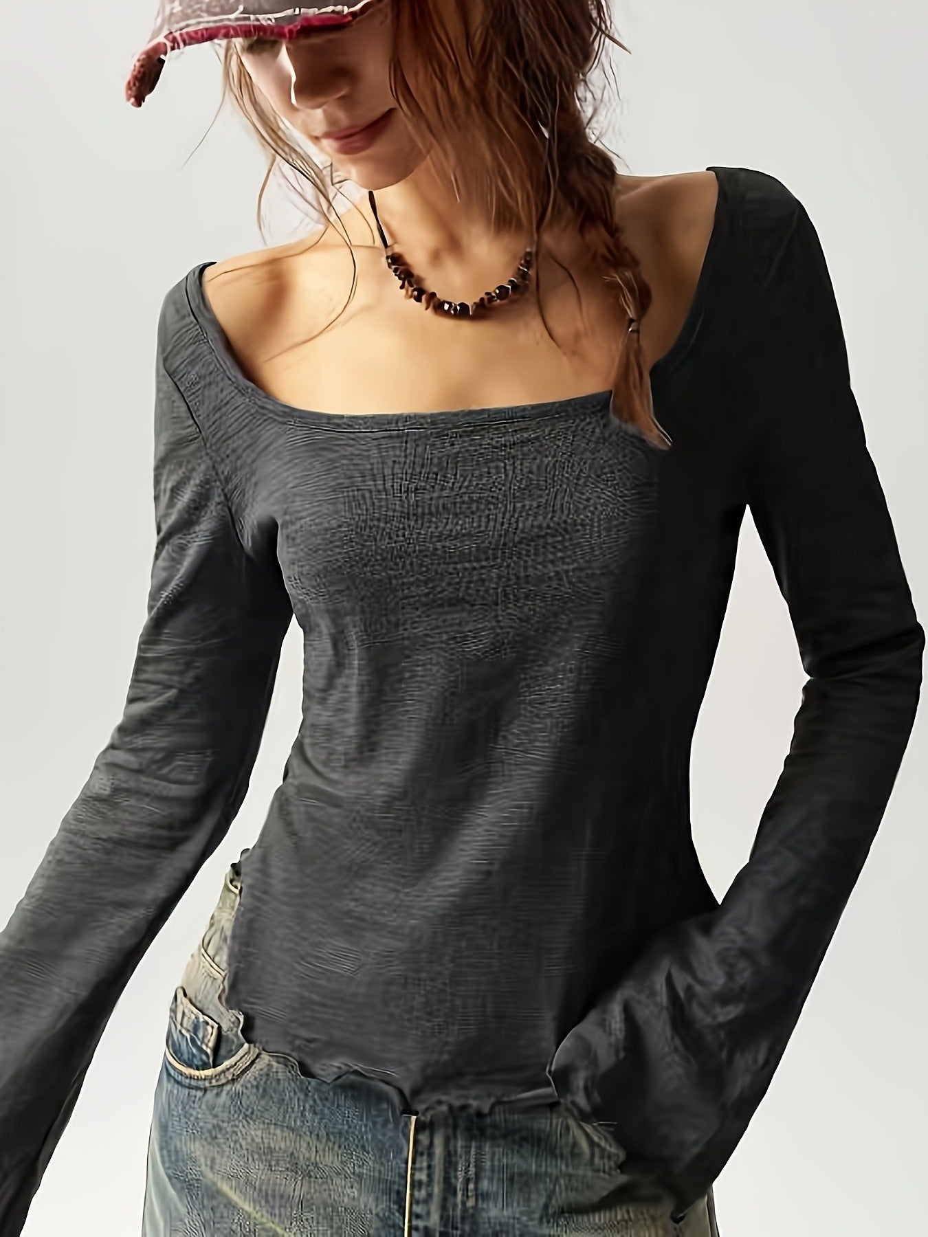 Wide-neck Long-sleeve Top Basic T-shirt