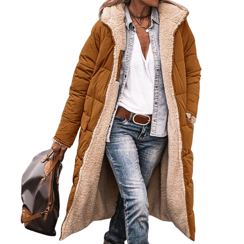 Long-sleeve Thermal Cardigan Hooded Cotton-padded Coat Mid-length