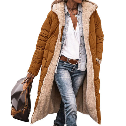 Long-sleeve Thermal Cardigan Hooded Cotton-padded Coat Mid-length