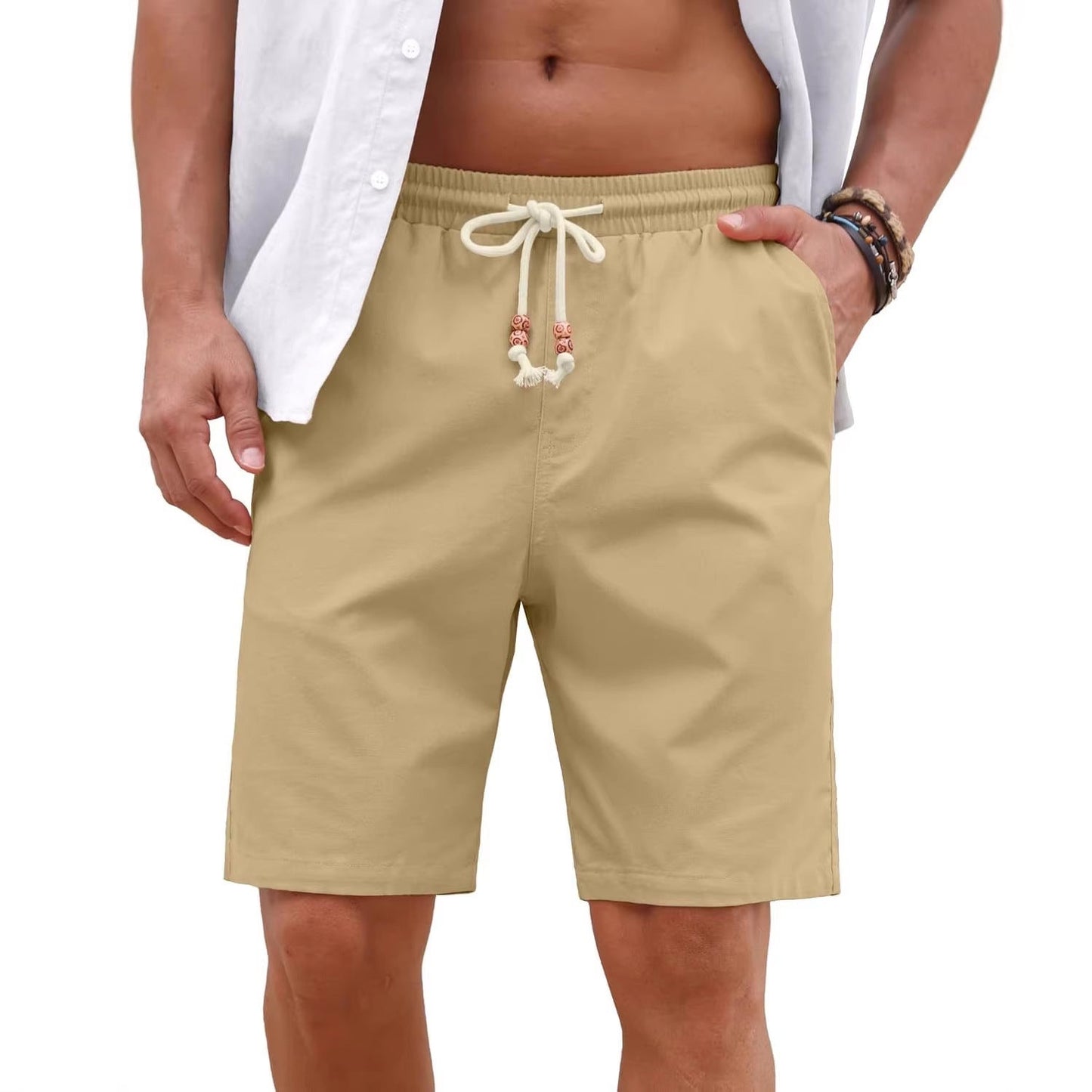 Men's Cotton And Linen Lace-up Plus Size Pocket Casual Shorts