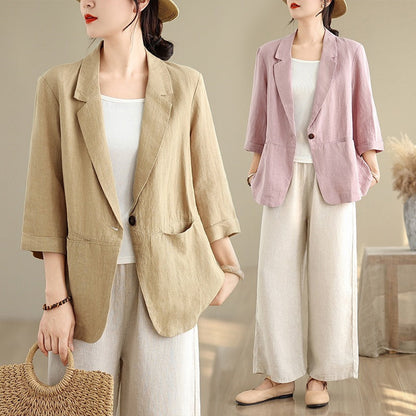 Artistic Retro Cotton-Linen Three-Quarter-Sleeve Blazer Jacket For Women