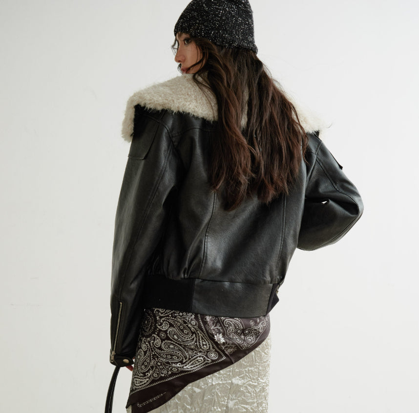 Color-blocked Relaxed-fit PU Faux Leather Black Turtleneck Jacket