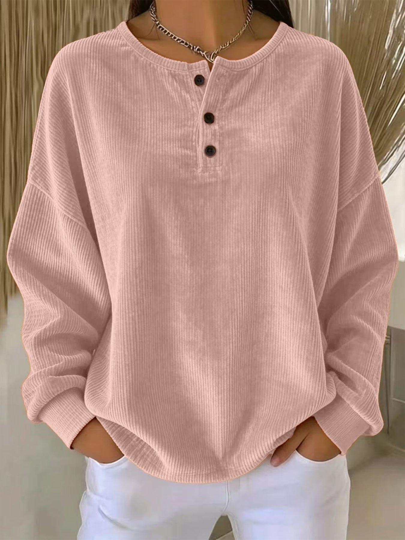 Women's Loose-fitting Round-neck Solid-color Button Sweatshirt