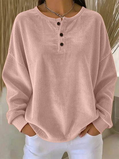 Women's Loose-fitting Round-neck Solid-color Button Sweatshirt