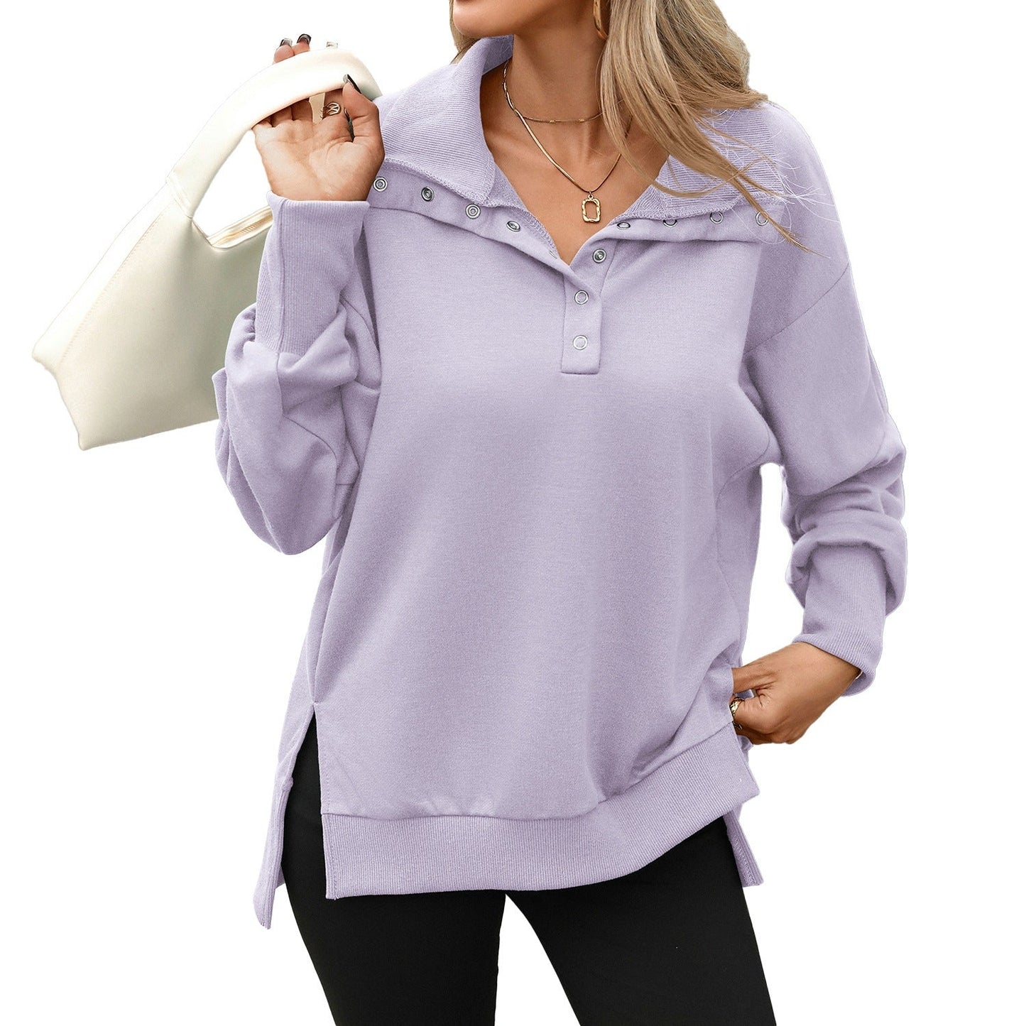 Solid-color Turtleneck Long-sleeve Relaxed-fit Casual Sweatshirt For Women