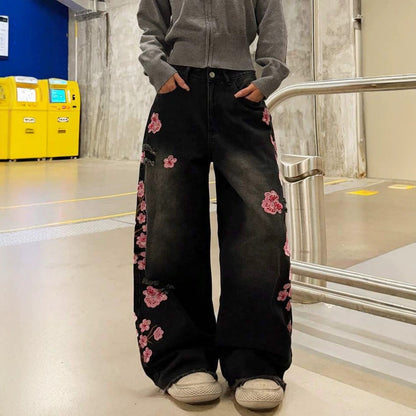 Womens Retro Floral Embroidery Jeans