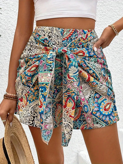 Spot European And American Cross-Border Independent Station Temu Amazon Printed High-Waisted Shorts, Bohemian Style Front-Knotted Shorts