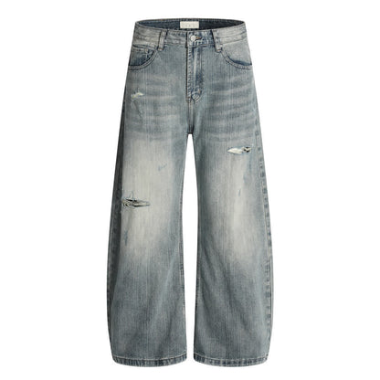 American-style Vintage Distressed Ripped Slub-textured Bootcut Jeans