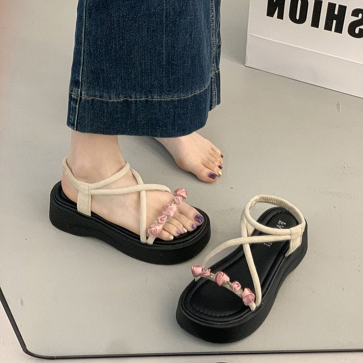 Platform Roman Sandals For Women, 2026 New Spring Summer French Style Floral Beach Shoes Matching Dresses