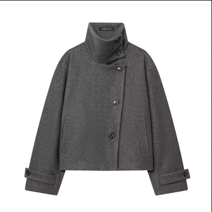Womens Solid-Color Casual Stand-Collar Jacket With Buttons