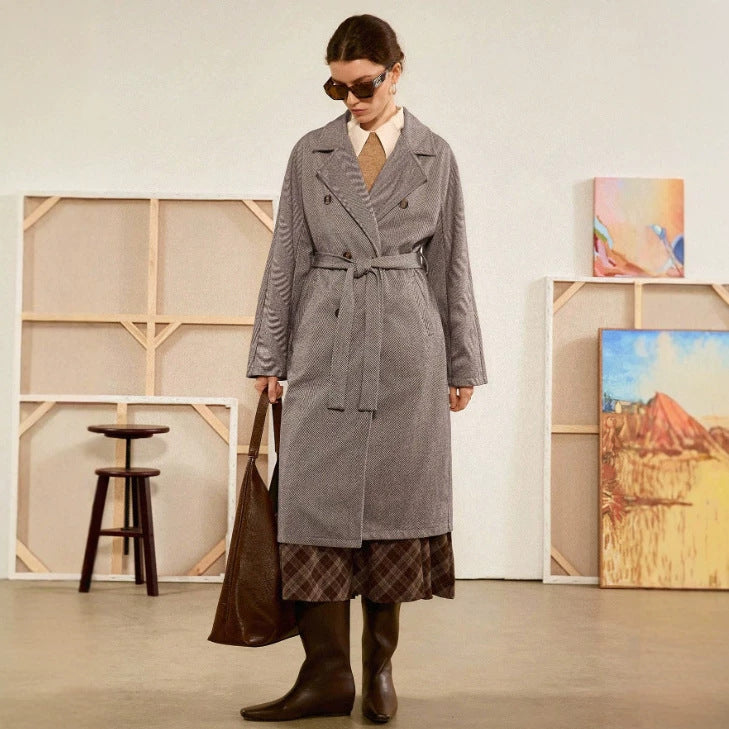 Casual Woolen Lace-up Long Coat
