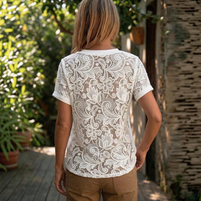 Womens Hollow-Out Casual V-Neck Short-Sleeve Top