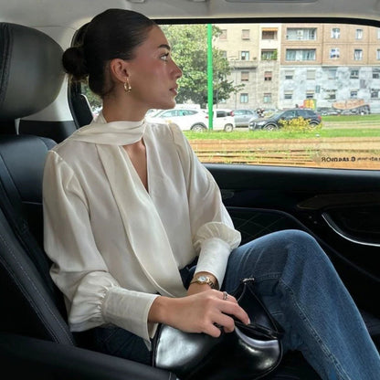 Elegant Solid-color V-neck Long-sleeve Blouse With Ribbon Detailing